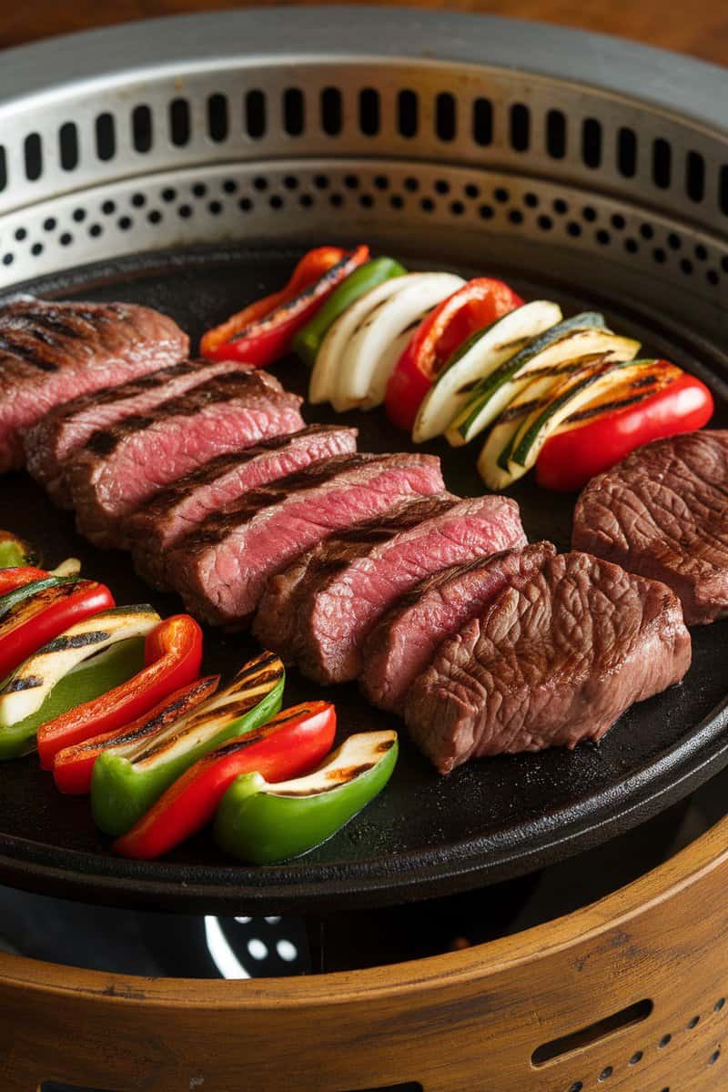 Delicious hibachi steak with grilled vegetables on a black grill plate.