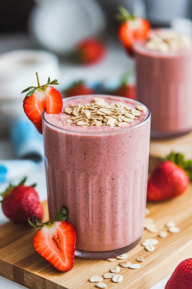 A refreshing strawberry smoothie topped with oats, served in a clear glass with fresh strawberries on the side.