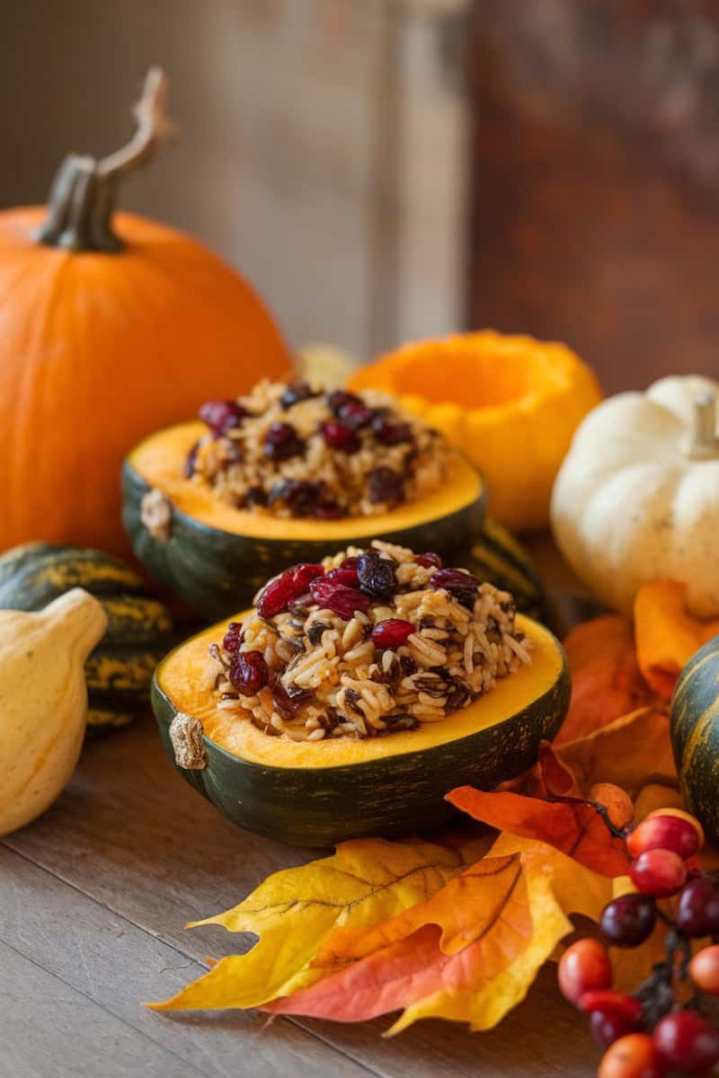 Stuffed acorn squash with wild rice and cranberries displayed on a rustic table with autumn decorations.