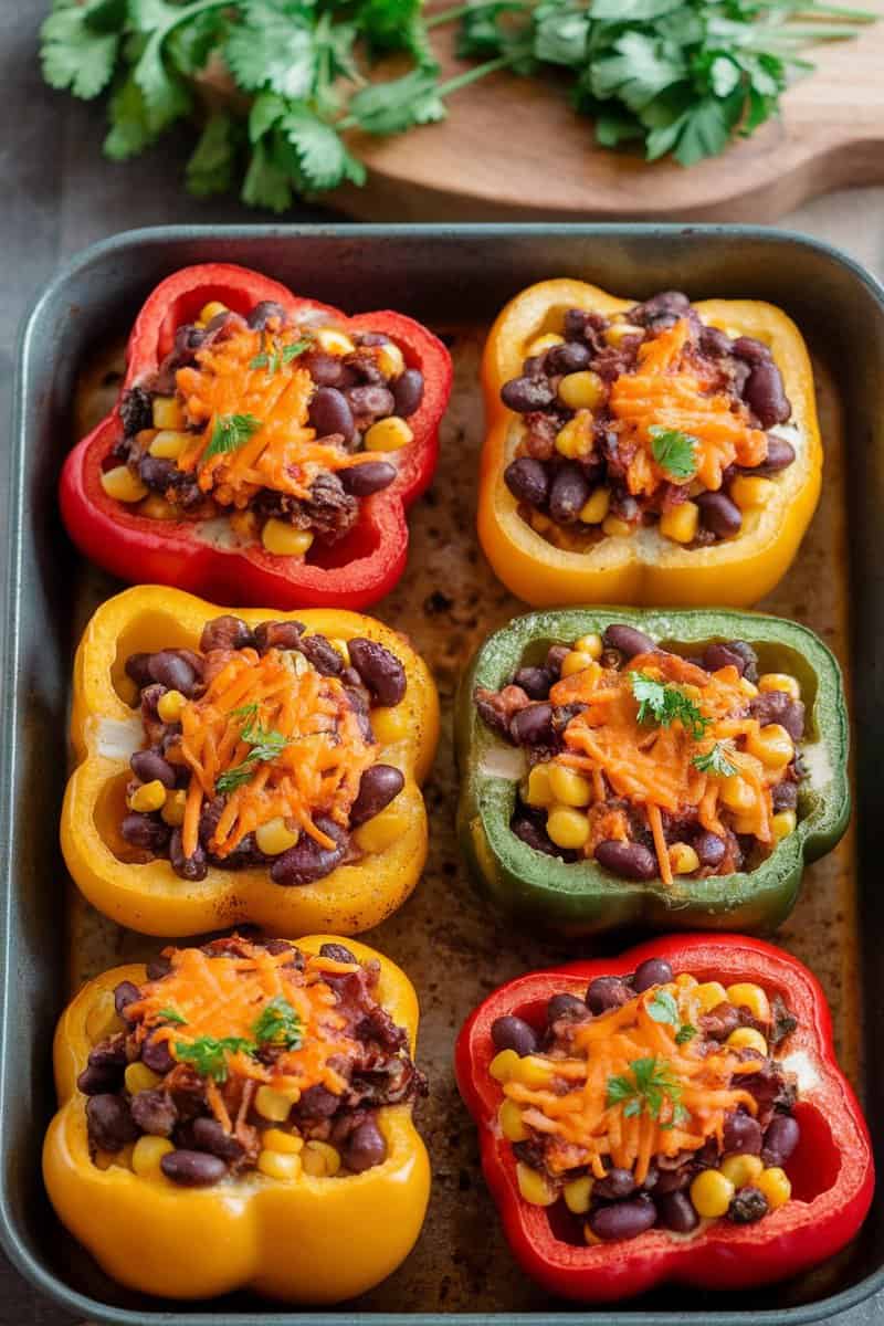 Stuffed bell peppers with black beans, corn, and carrots in a baking dish