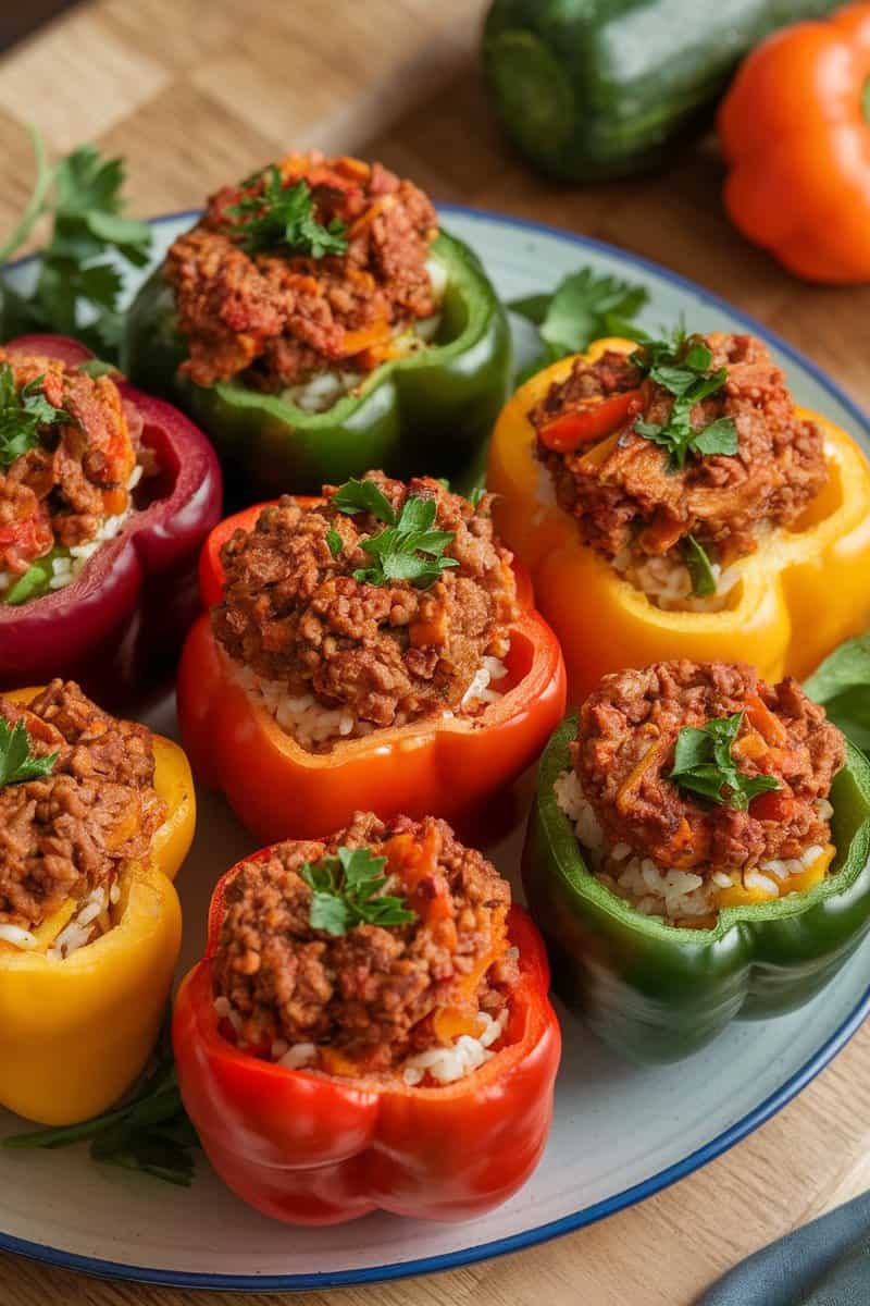 Stuffed bell peppers filled with Impossible ground beef and garnished with parsley.