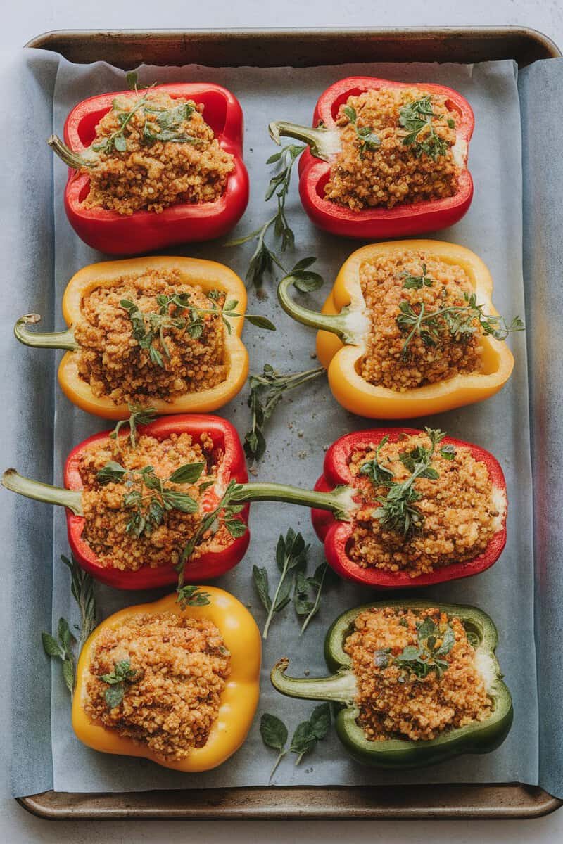 Colorful stuffed bell peppers filled with quinoa and herbs, arranged on a baking tray.