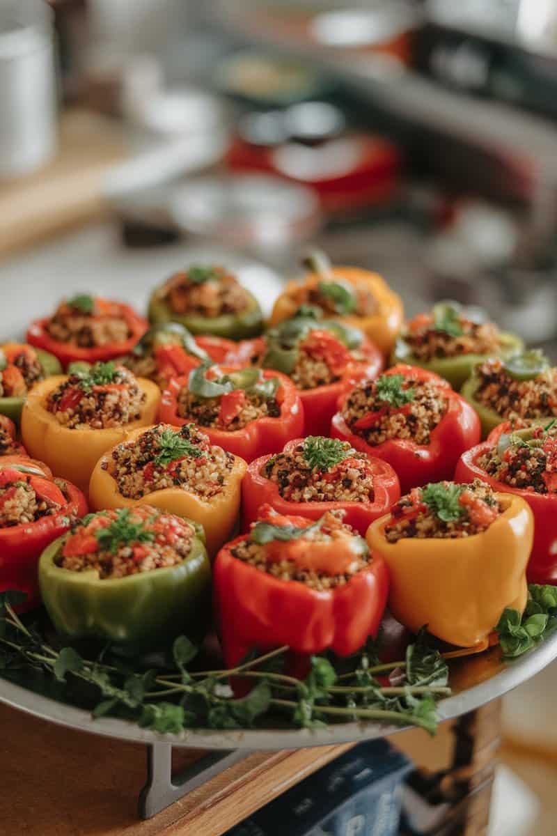 A plate of colorful stuffed bell peppers filled with quinoa and vegetables.