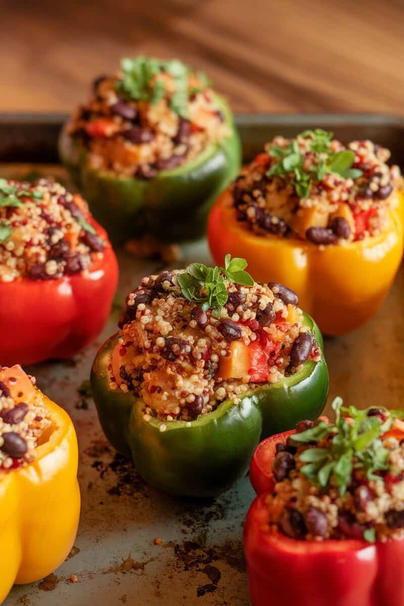 Colorful stuffed bell peppers filled with quinoa and black beans, garnished with herbs.