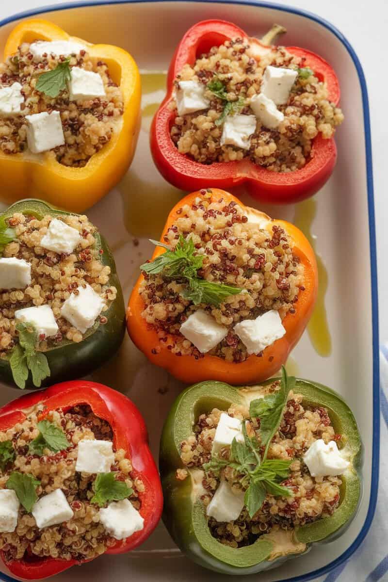 Colorful stuffed bell peppers filled with quinoa and feta cheese