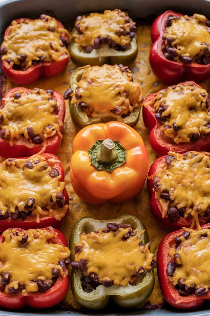 Stuffed bell peppers filled with rice, beans, and cheese in a baking dish.