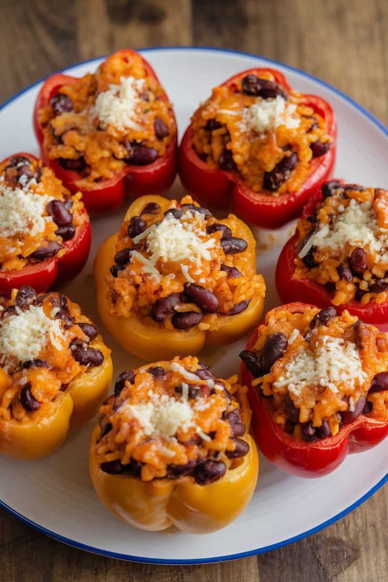 Stuffed bell peppers filled with rice and beans, topped with cheese.