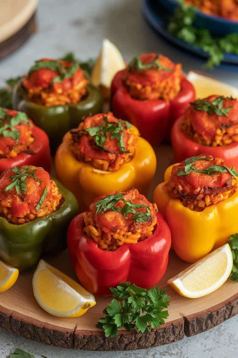 Stuffed bell peppers filled with rice and tomato mixture, garnished with herbs.