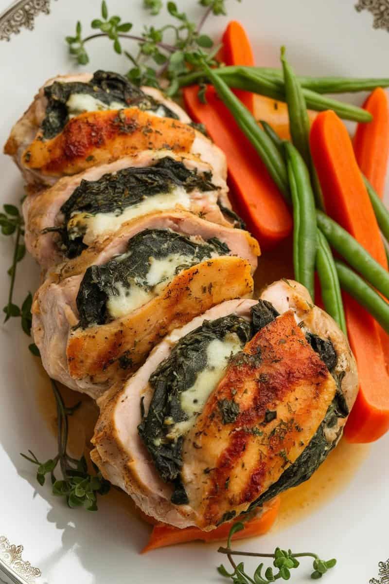 Stuffed chicken thighs with spinach and cheese served with carrots and green beans.