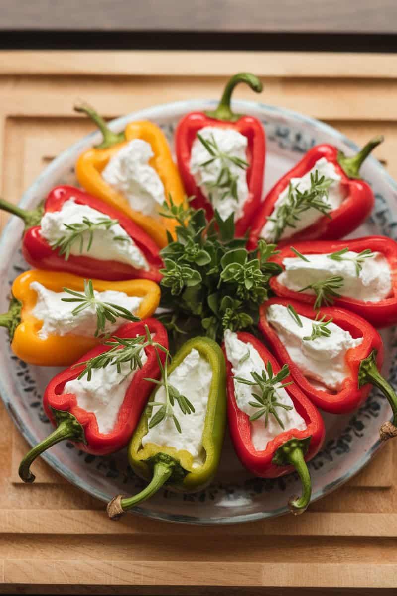 Stuffed mini peppers with cream cheese, garnished with herbs