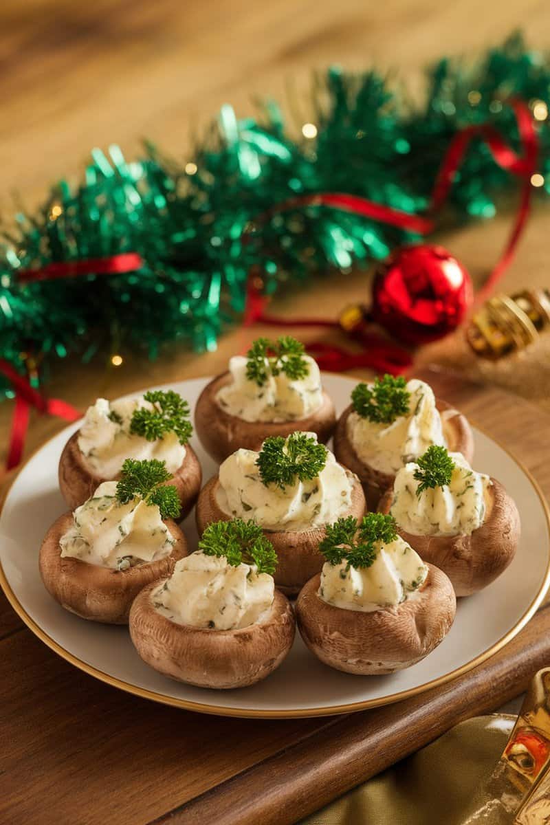 A plate of stuffed mushrooms with herb cream cheese, garnished with parsley, surrounded by Christmas decorations.