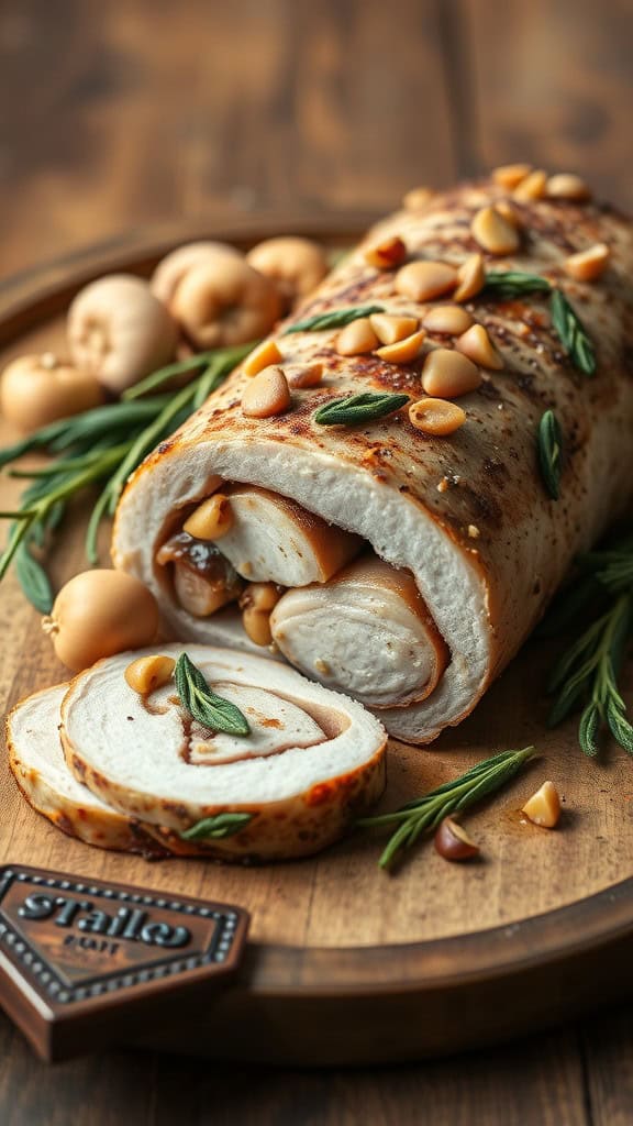 Delicious stuffed pork loin with chestnuts and sage on a wooden platter.