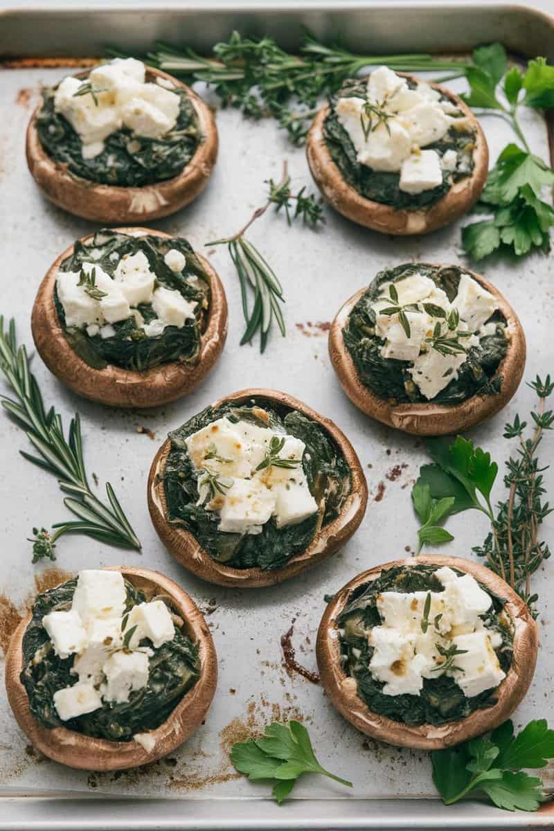 Stuffed Portobello caps with spinach and feta cheese, garnished with herbs