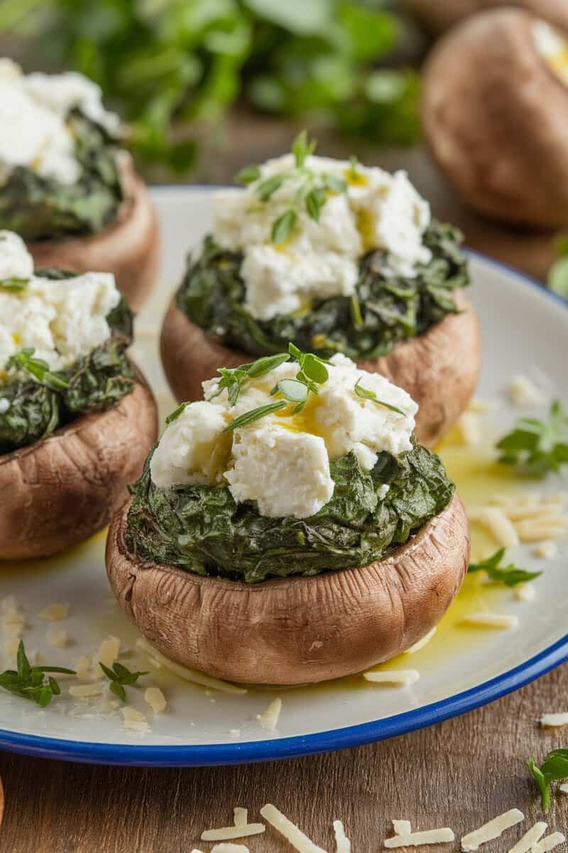 Stuffed portobello mushrooms with spinach and feta on a plate