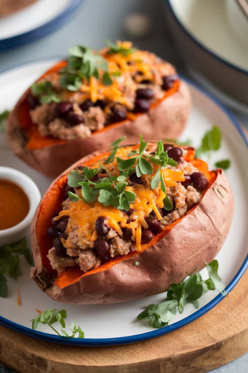 Stuffed sweet potatoes with ground turkey and black beans topped with cheese and herbs