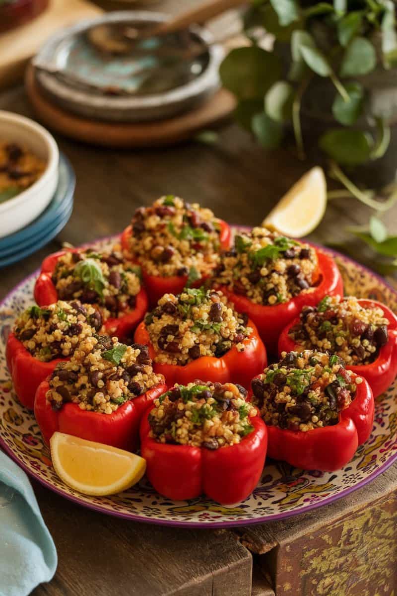 Stuffed sweet red peppers filled with quinoa and black beans, garnished with fresh herbs.