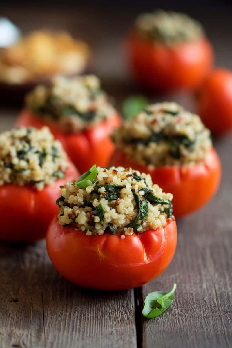 Stuffed tomatoes filled with quinoa and spinach on a wooden table.