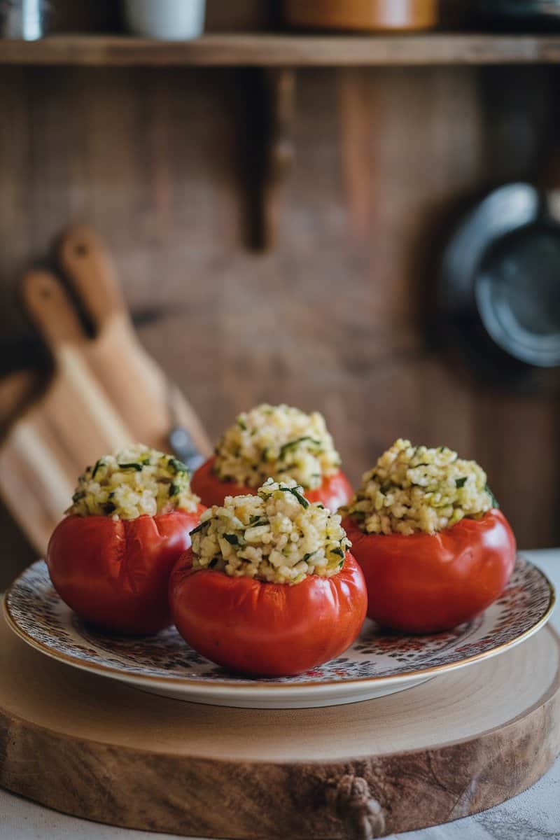 Stuffed tomato filled with zucchini rice on a decorative plate