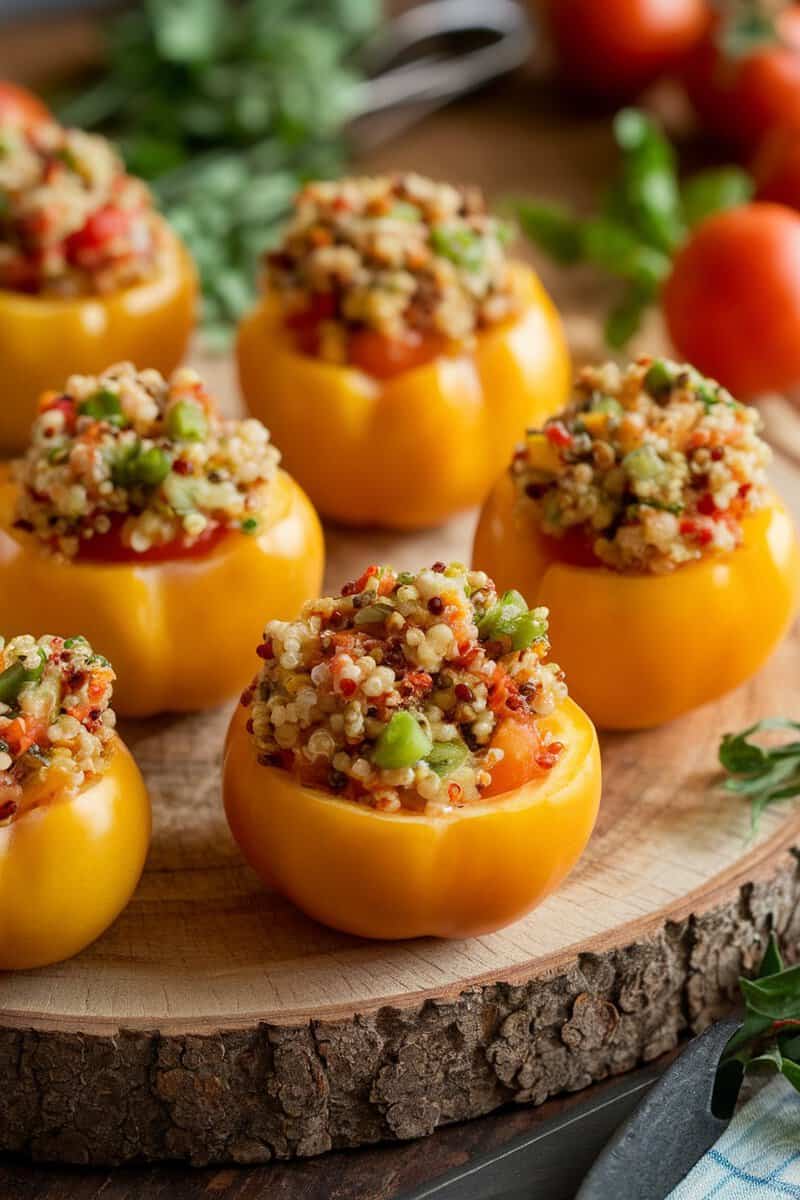 Stuffed yellow tomatoes filled with quinoa and vegetables on a wooden platter.