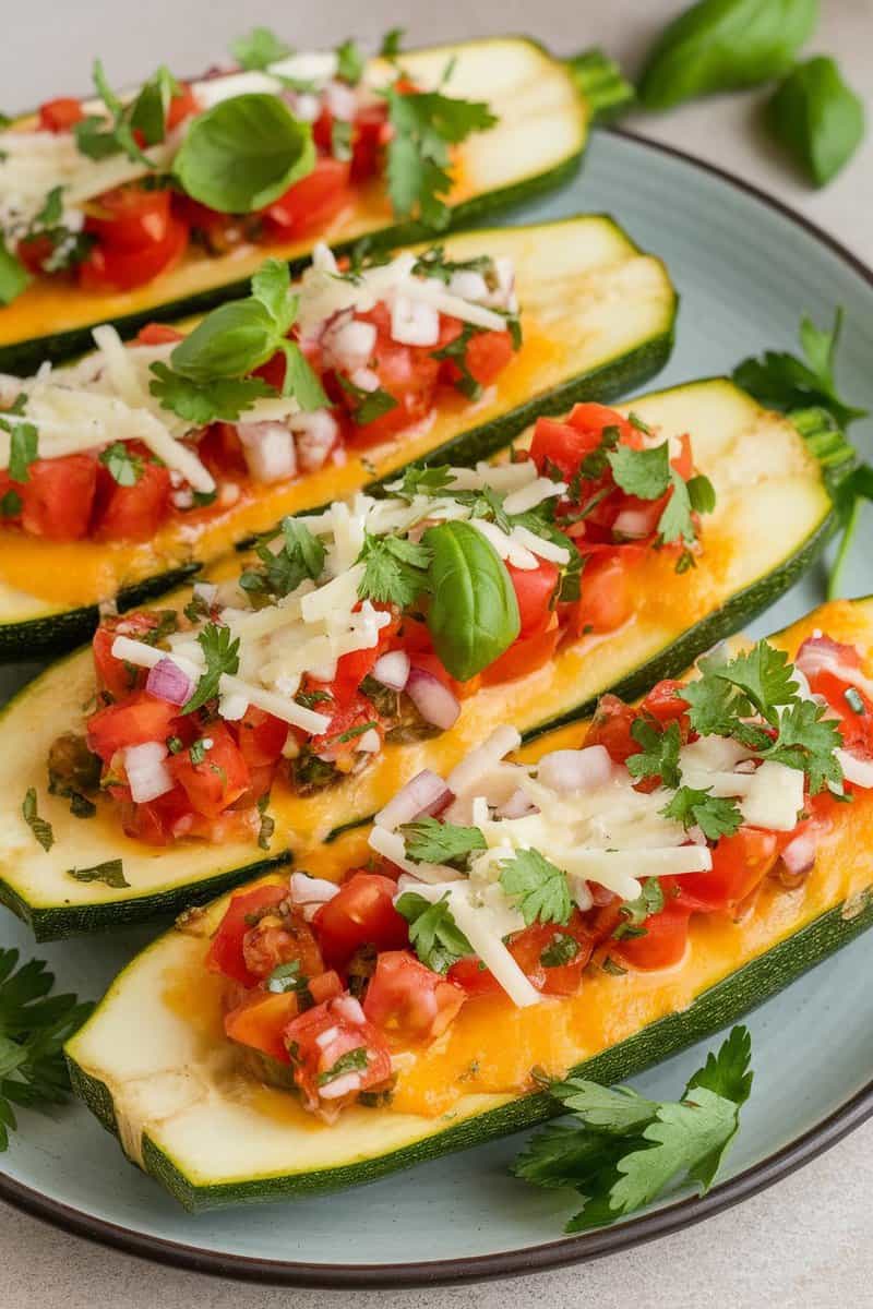 Stuffed zucchini boats topped with tomato salsa, featuring diced tomatoes, herbs, and cheese.