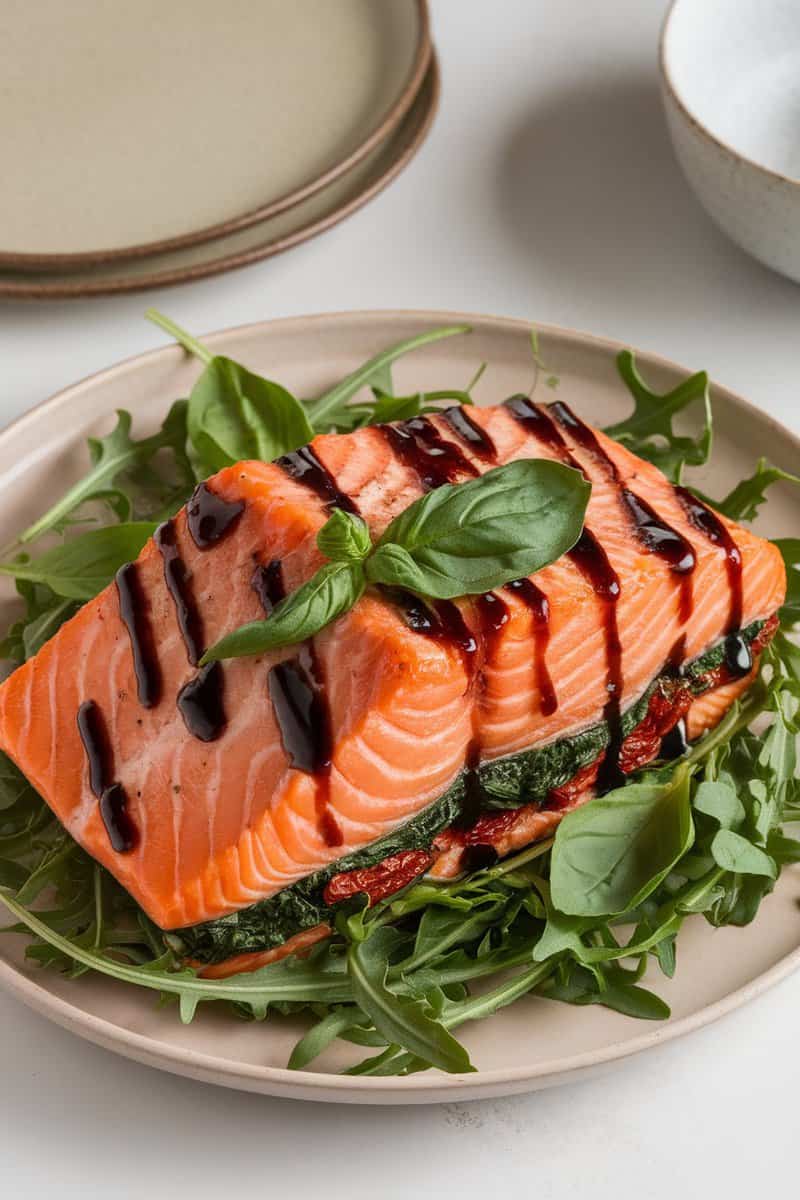 Baked salmon stuffed with spinach and sun-dried tomatoes on a plate