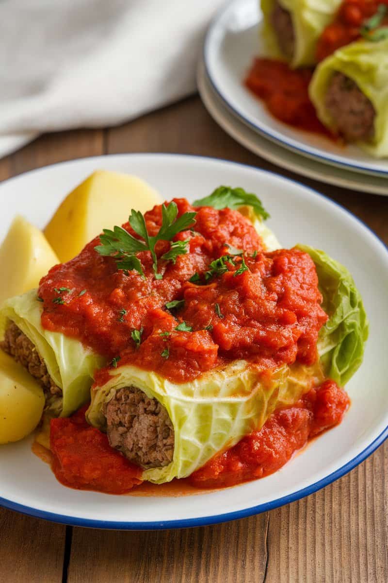 A plate of Swedish cabbage rolls with tomato sauce, served with boiled potatoes.