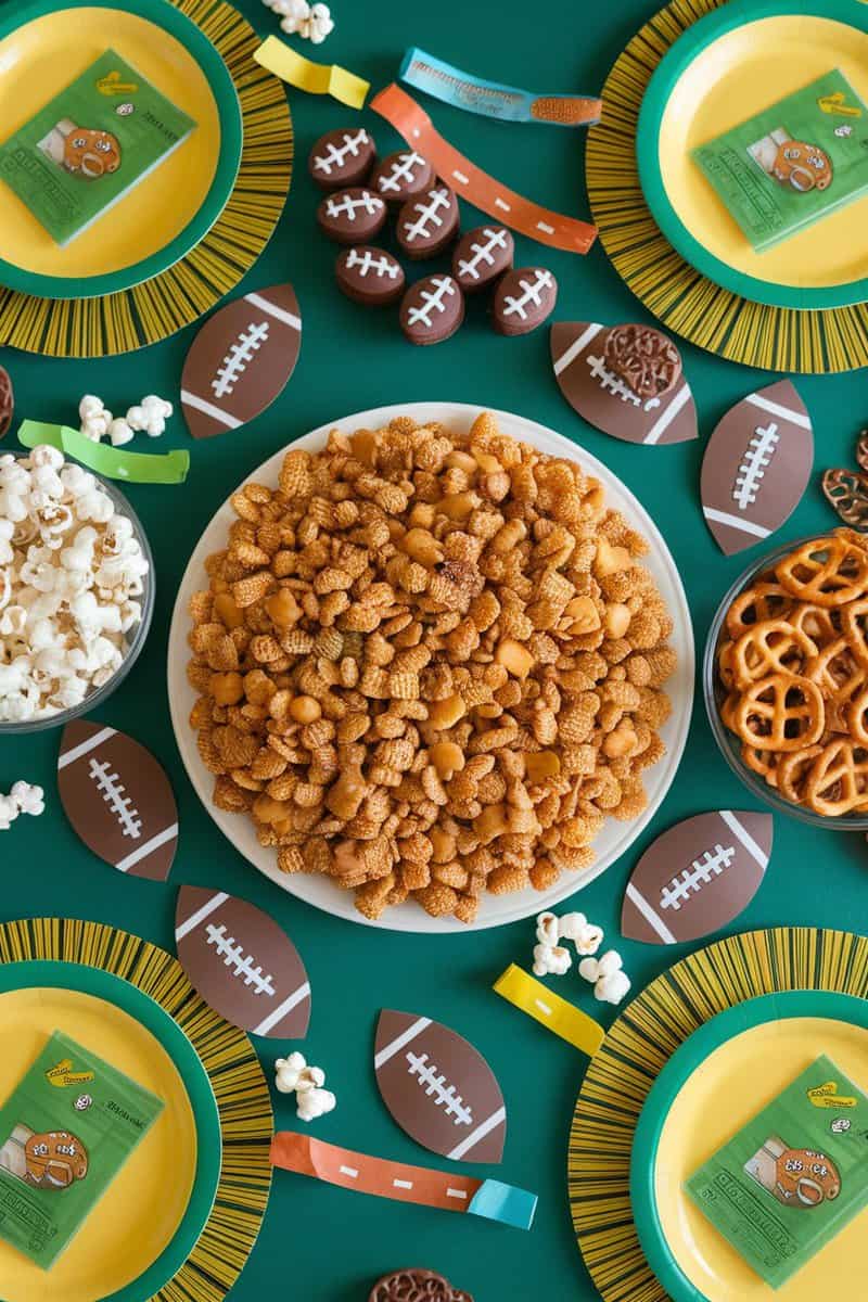 A bowl of Sweet and Salty Caramel Chex Mix with colorful candies and pretzels.