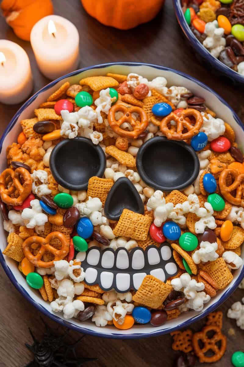 A colorful Halloween Chex mix arranged in a skull shape, featuring pretzels, candies, and popcorn.