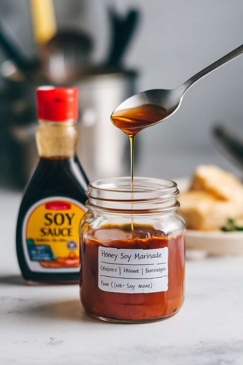 A spoon dripping honey soy marinade into a glass jar, with a bottle of soy sauce in the background.