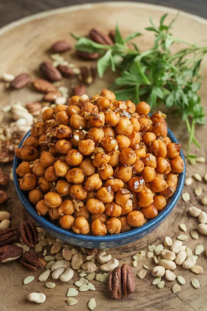 A blue bowl filled with roasted chickpeas coated in maple syrup, surrounded by nuts and greens.