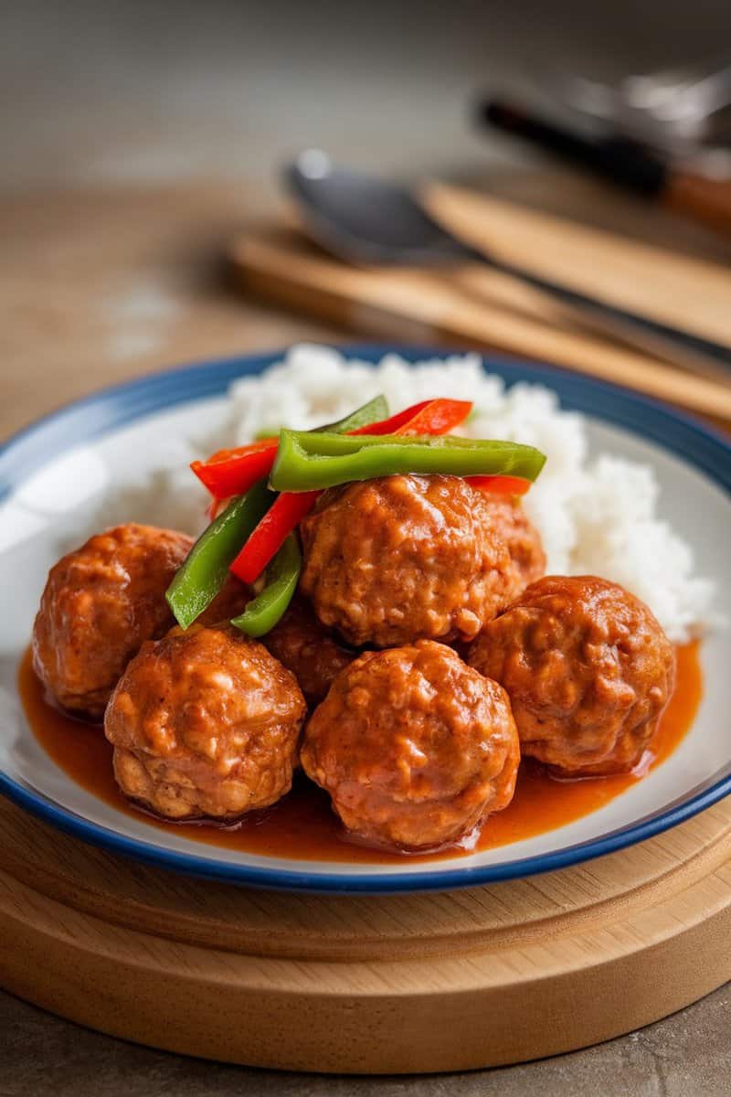 Plate of sweet and sour meatballs with bell peppers over rice