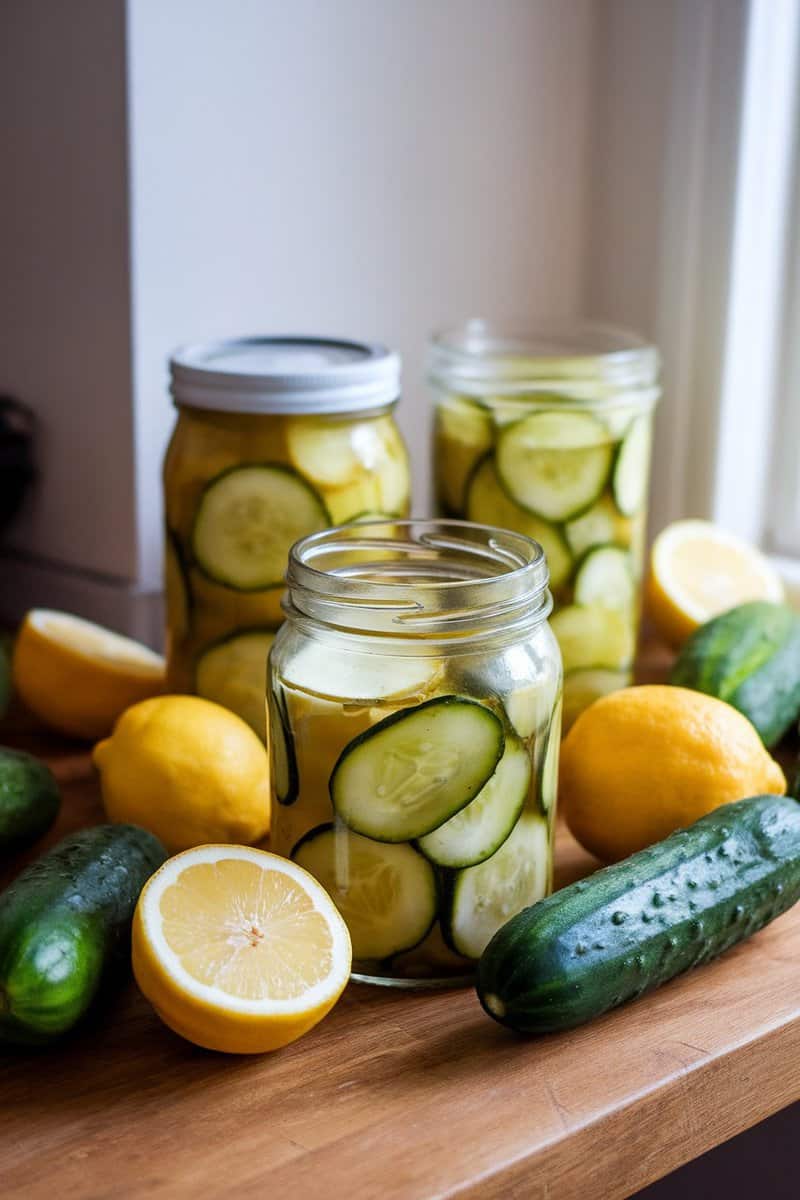 Jars of sweet and tangy lemon cucumber pickles beside fresh cucumbers and lemons.