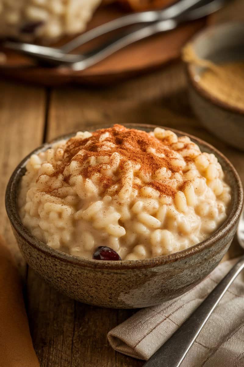 Bowl of sweet cinnamon raisin rice pudding