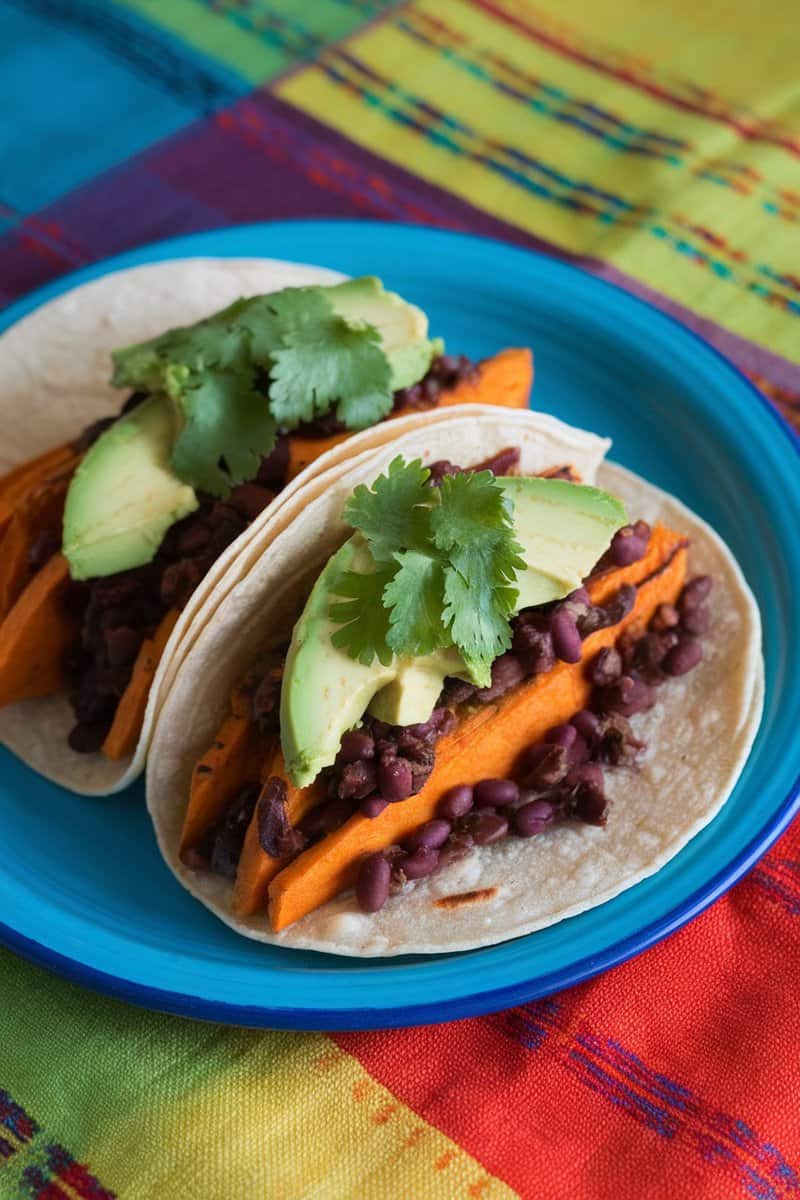 Sweet potato and black bean tacos with avocado and cilantro