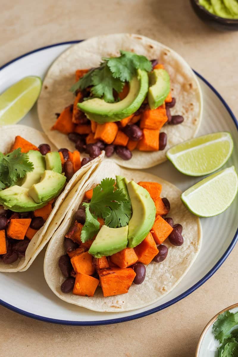 Delicious sweet potato and black bean tacos topped with avocado and cilantro