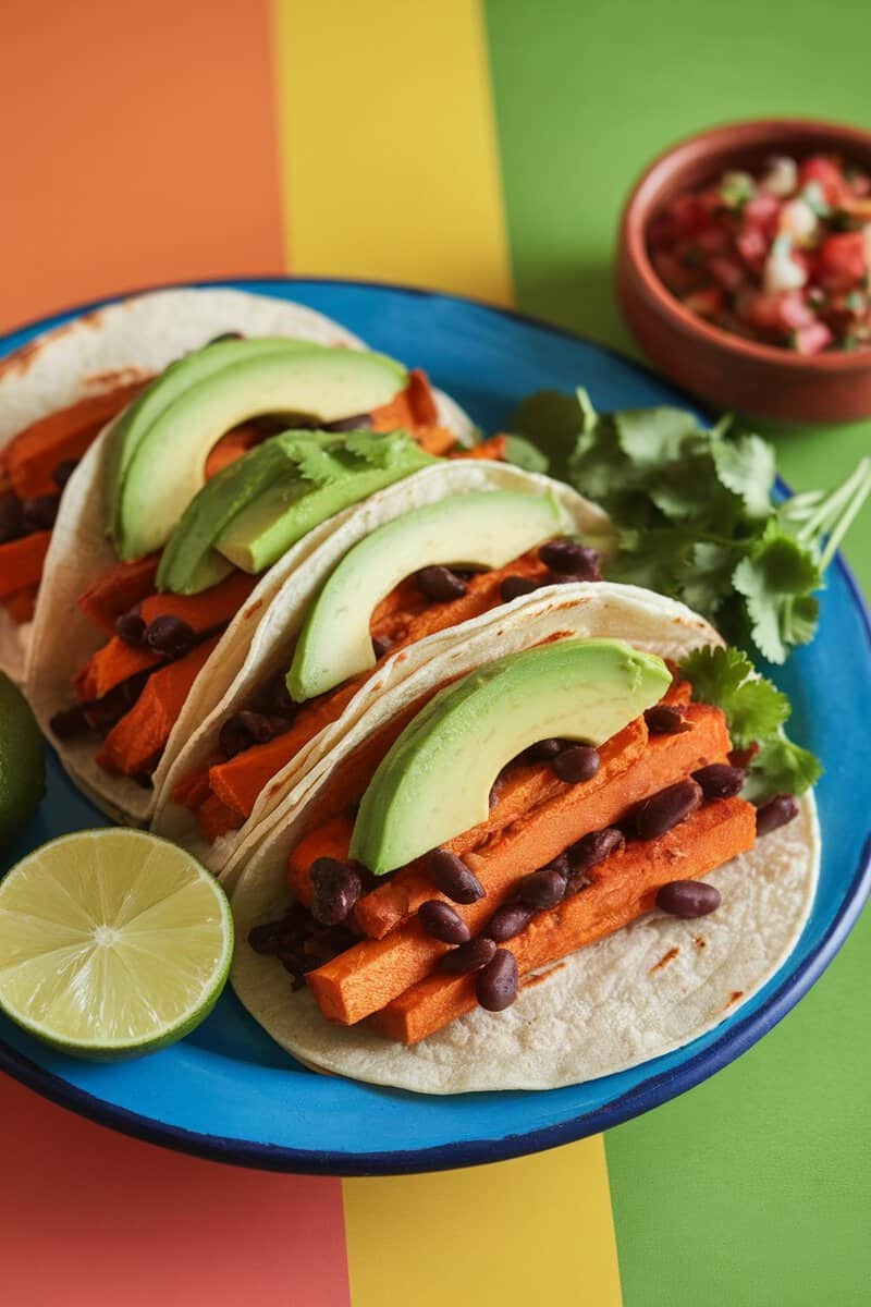 Colorful sweet potato and black bean tacos with avocado and lime