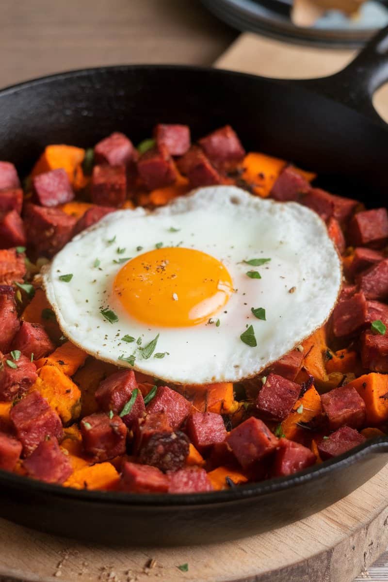 A skillet filled with sweet potato and chorizo hash topped with a fried egg.