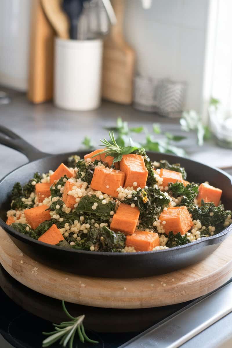 A skillet filled with couscous, sweet potato cubes, and kale.