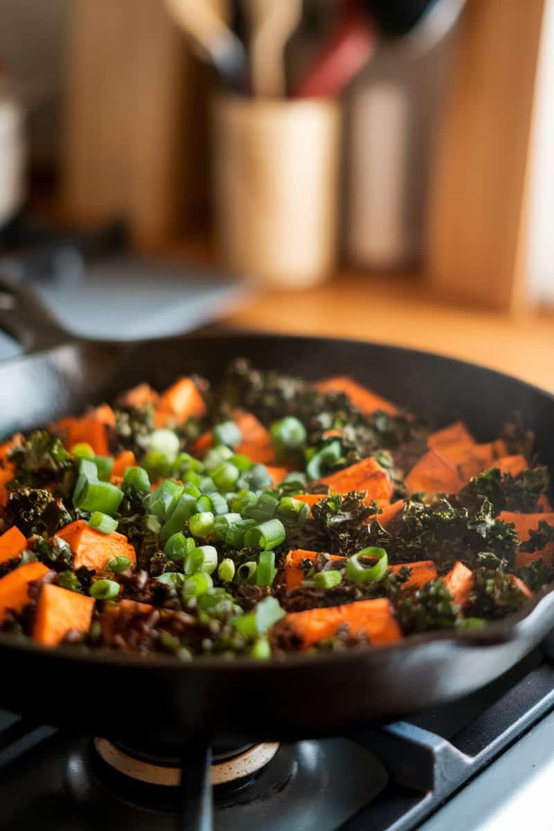 A skillet filled with a colorful sweet potato and kale hash, garnished with green onions.