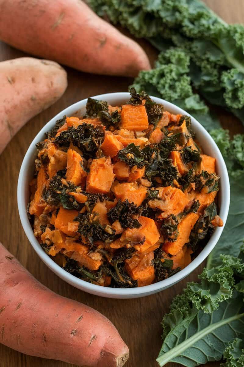 A bowl of sweet potato and kale stuffing with whole sweet potatoes and kale leaves surrounding it.