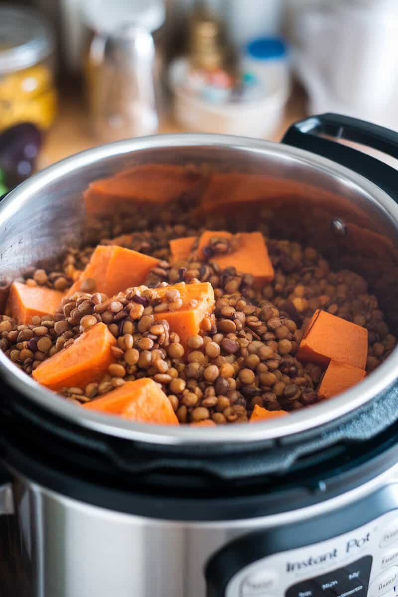 Sweet Potato and Lentil Stew ingredients in an Instant Pot.