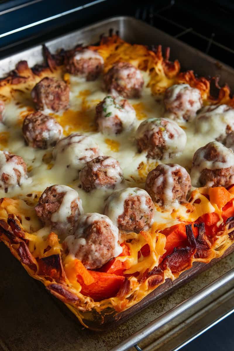 A delicious sweet potato and meatball casserole in the oven