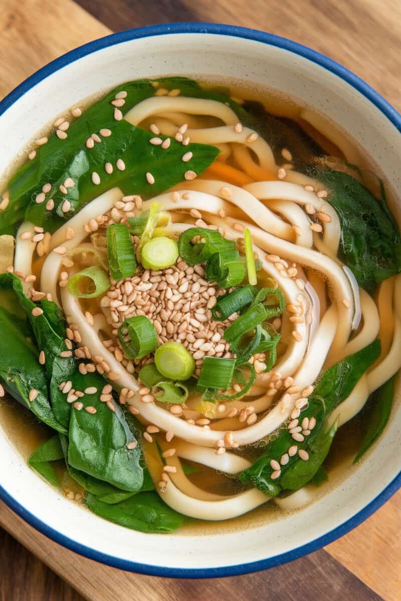 A bowl of Sweet Potato and Spinach Udon Soup topped with green onions and sesame seeds.