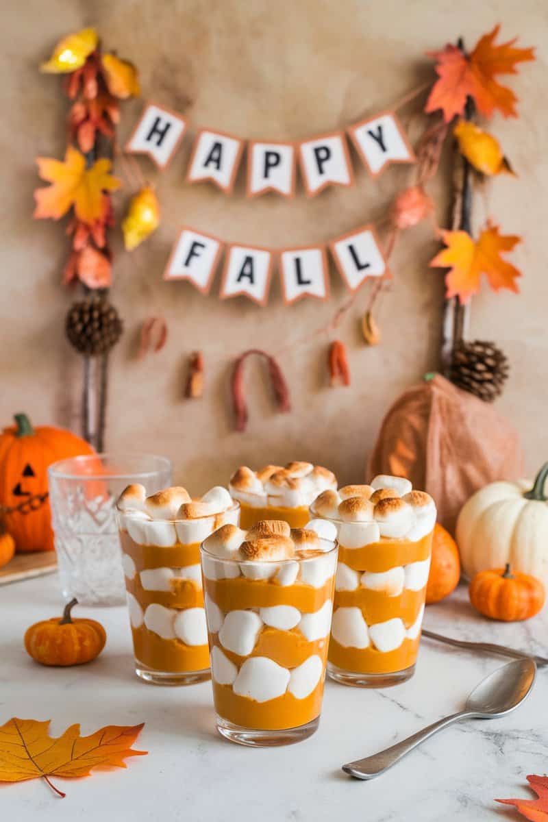 Sweet potato marshmallow parfaits served in clear glasses, featuring layers of sweet potato filling and whipped cream, topped with mini marshmallows.