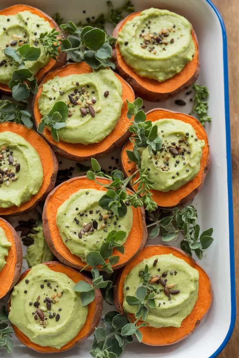 Sweet potato rounds topped with avocado cream and garnished with herbs.