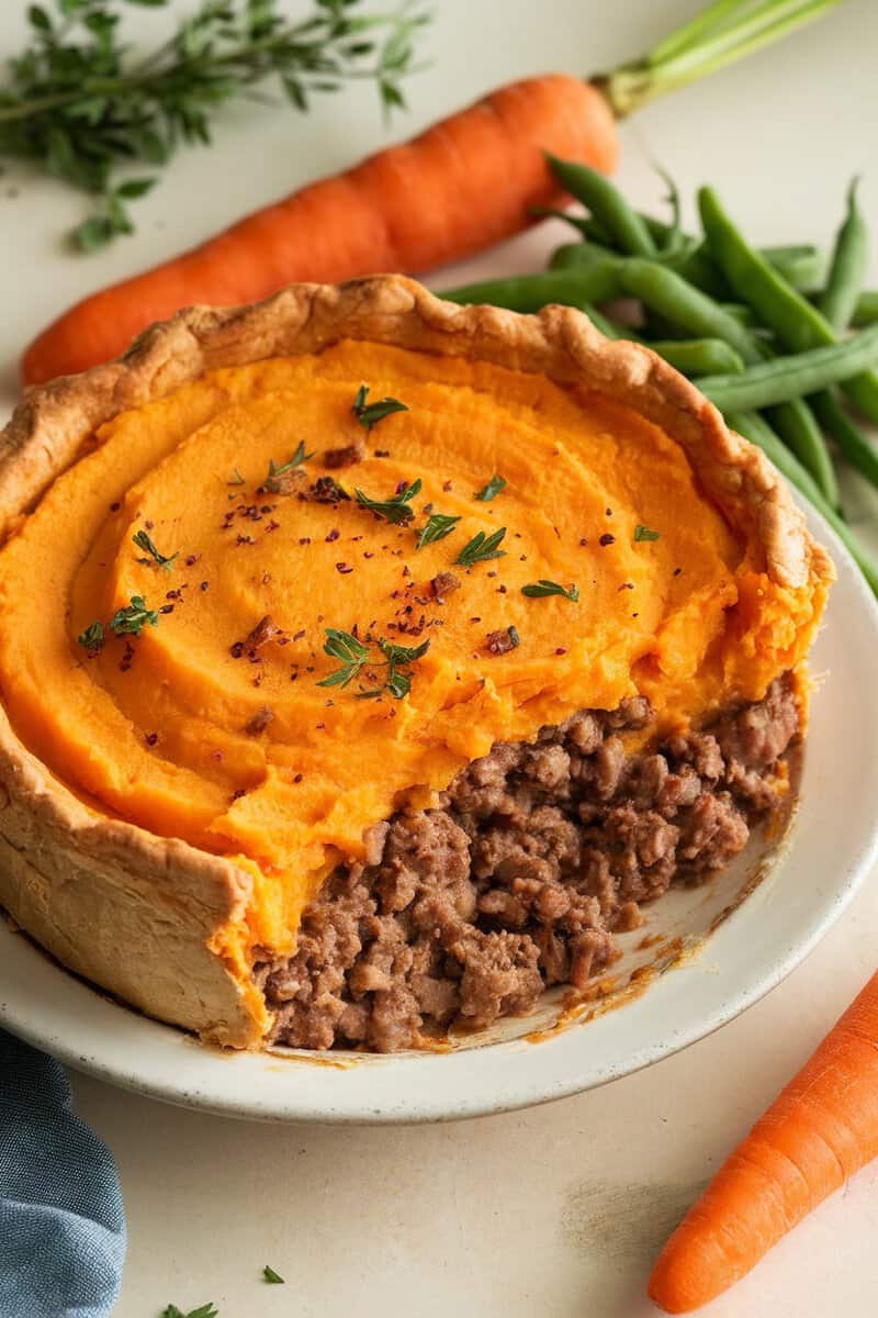 A deliciously prepared Sweet Potato Shepherd's Pie with a golden sweet potato topping and a savory meat filling, surrounded by fresh vegetables.