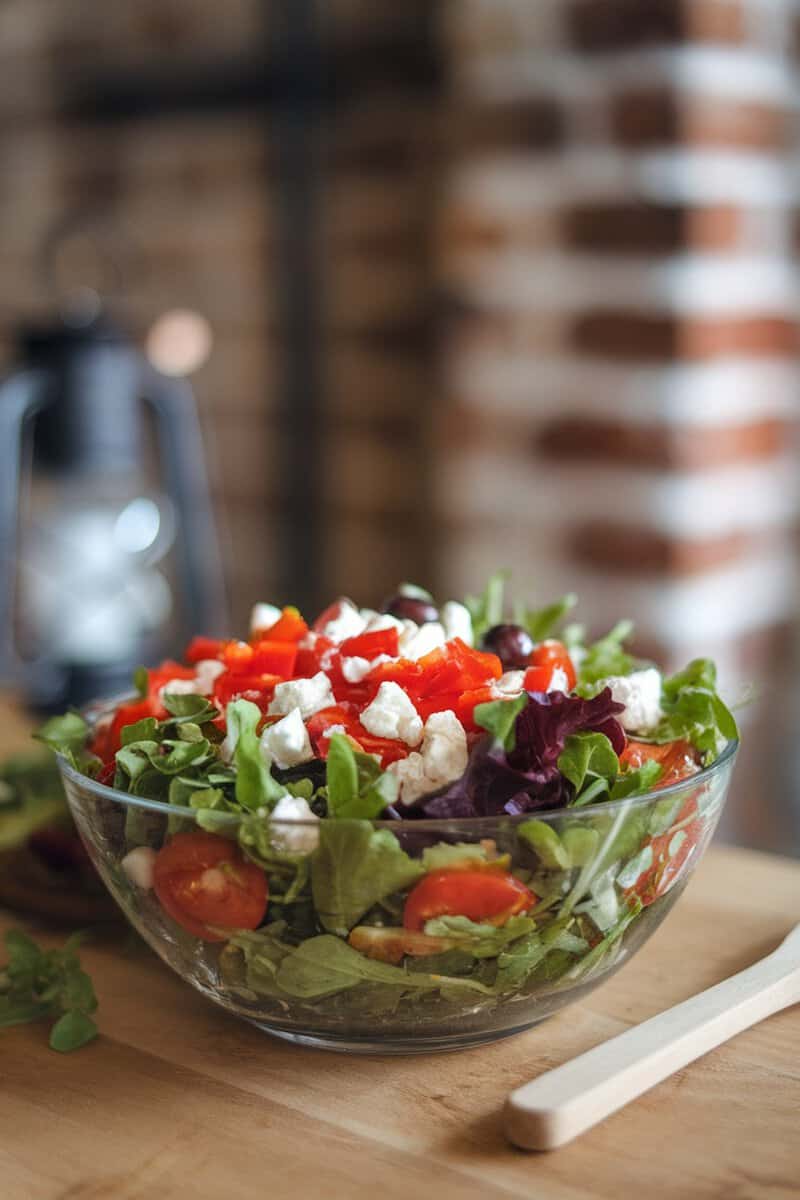 A vibrant salad with sweet red peppers, feta cheese, cherry tomatoes, and mixed greens.