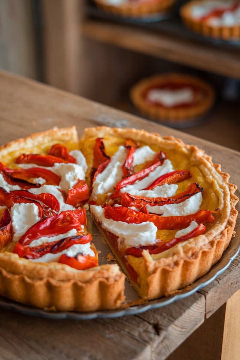 A slice of sweet red pepper and goat cheese tart on a rustic wooden table.