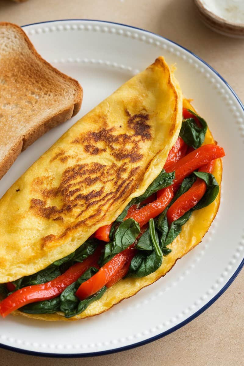 A delicious sweet red pepper and spinach omelette served with toast.