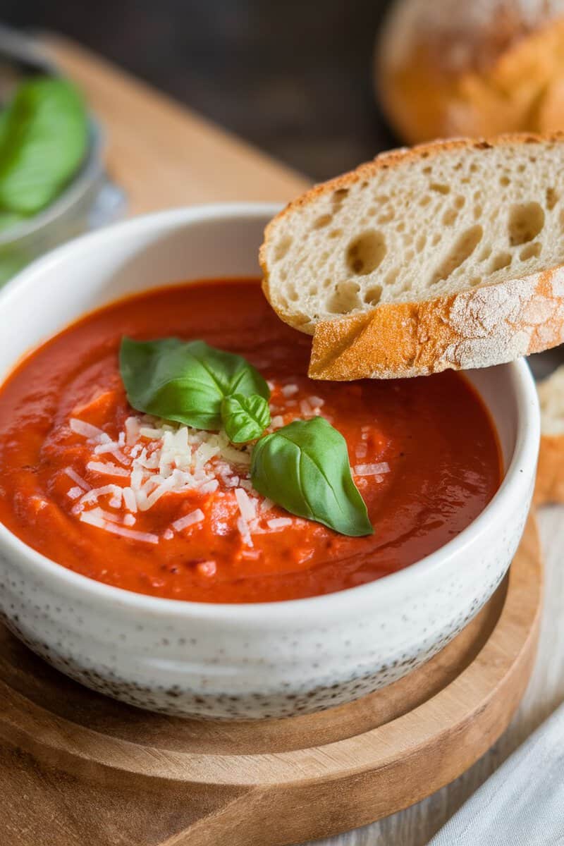 A bowl of sweet red pepper and tomato soup topped with basil leaves and served with a slice of bread.